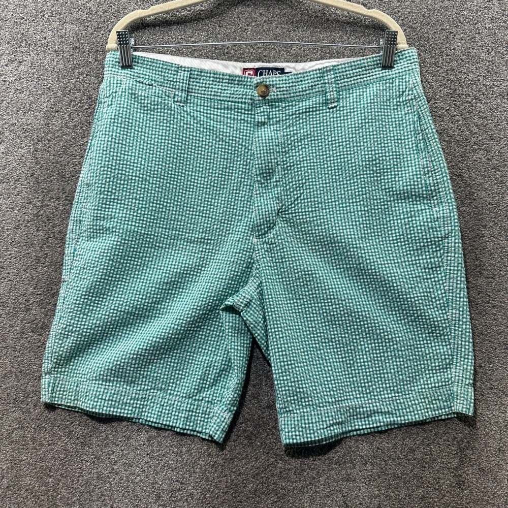 Chaps Mens Seersucker Shorts Green Gingham Size 34 Flat Front Cotton Summer